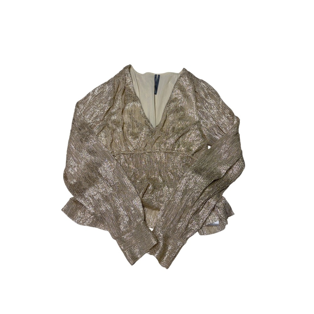 Anthropologie Metallic Gold Pleated Peplum V-Neck Blouse Womens Gold Small